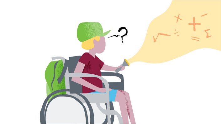 image of student with question mark and a flashlight sitting in a wheelchair