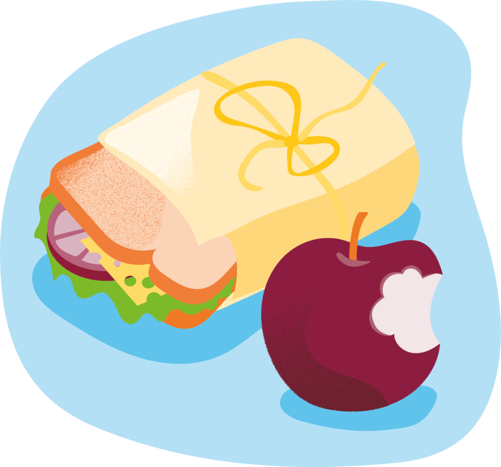 image of a sandwich and a bitten apple