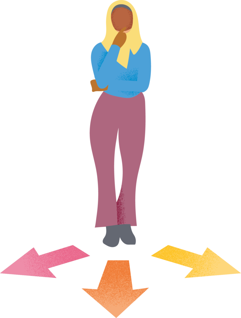 image of educator with different arrows leading her way