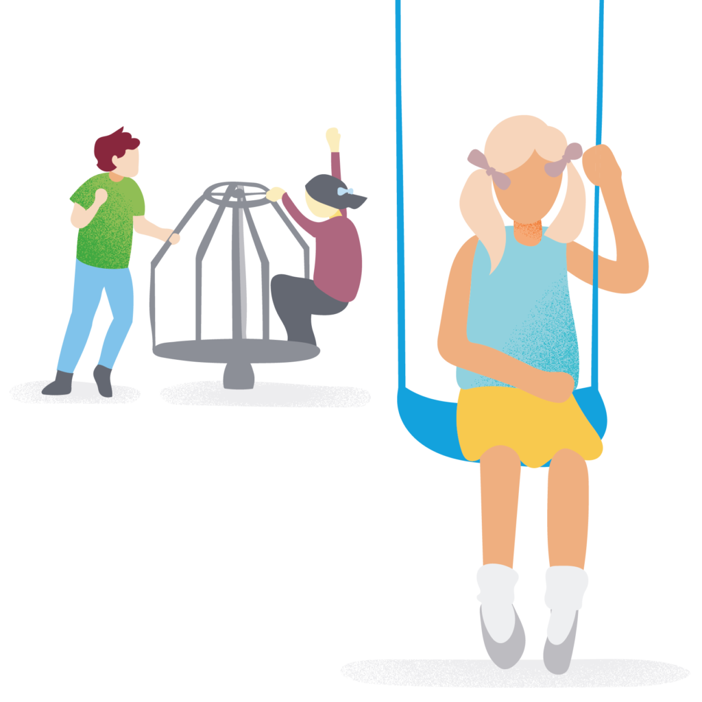 student along on swing with kids playing behind her