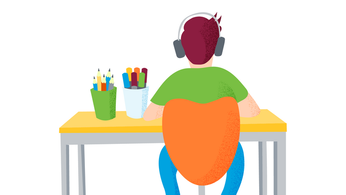 drawing of student at desk with headphones