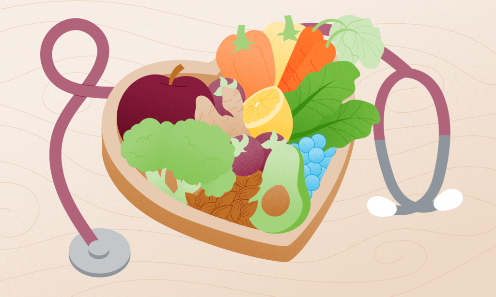 Vegetables and fruit in a heart-shaped bowl which is wrapped around by a stethoscope