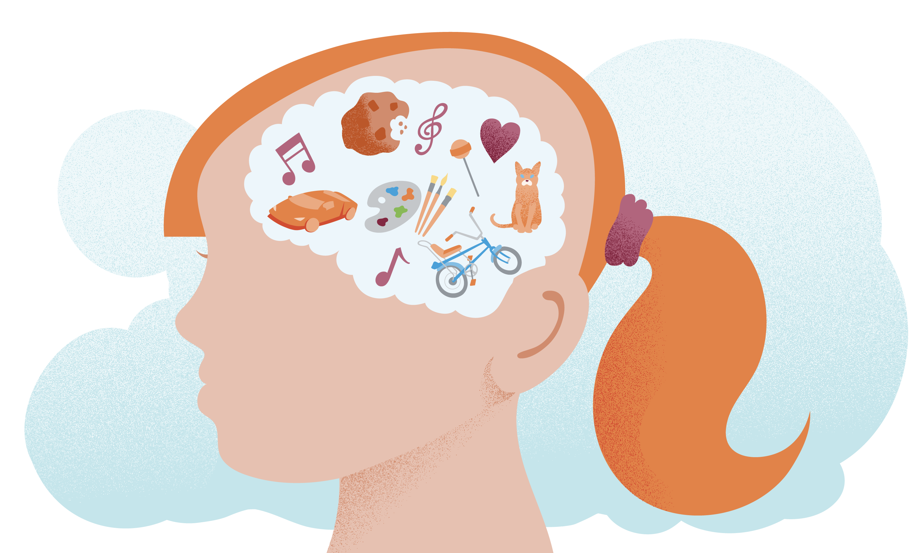 representation of various things children learn, such as art, music, and exercise, within brain of a child