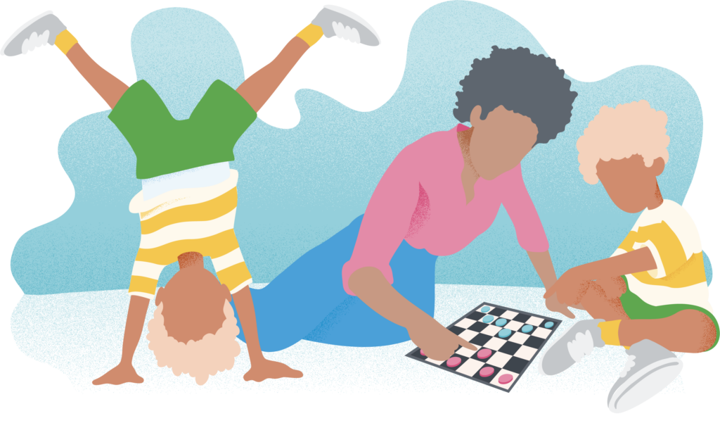Child somersaulting and playing chess with an adult