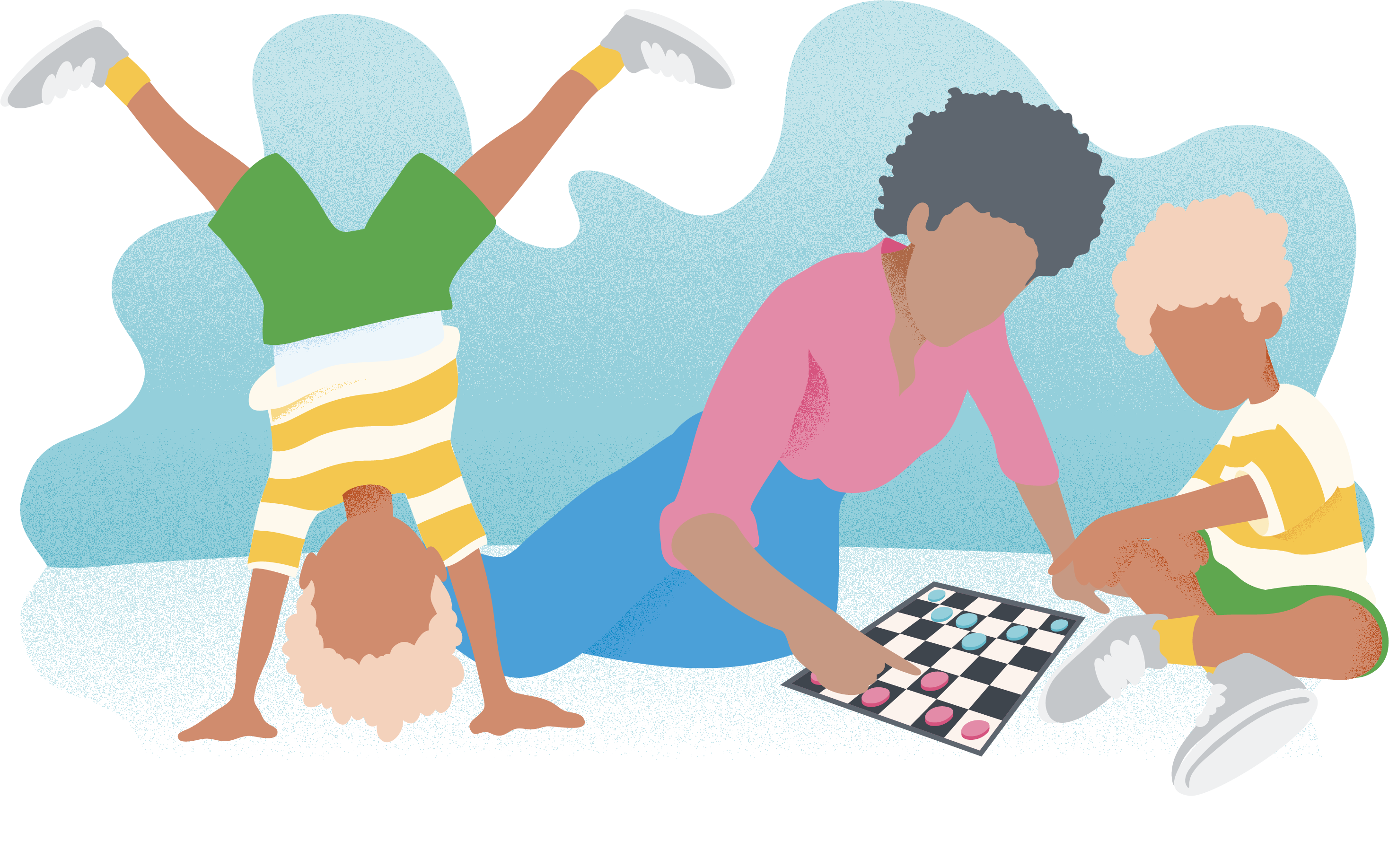 Child somersaulting and playing chess with an adult