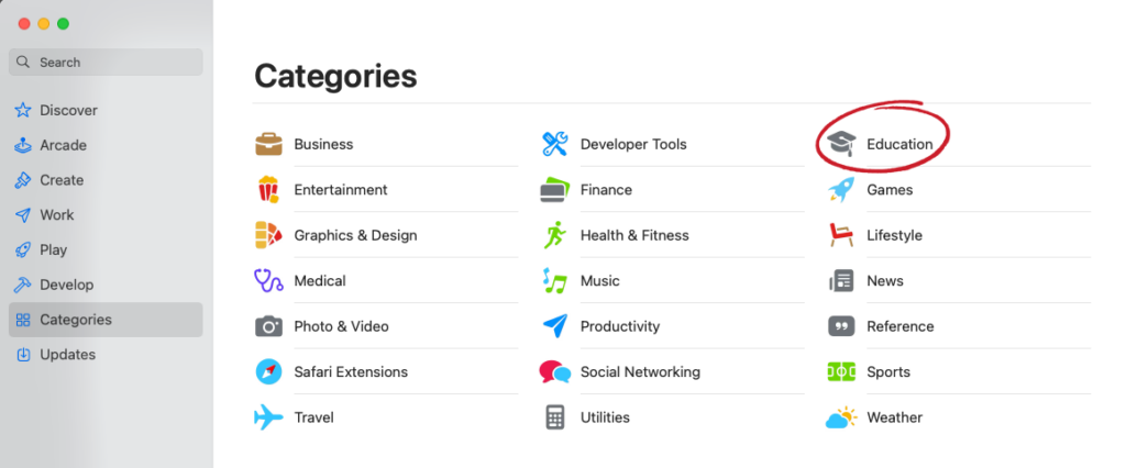Screenshot of the Apple App Store categories page, highlighting the education option